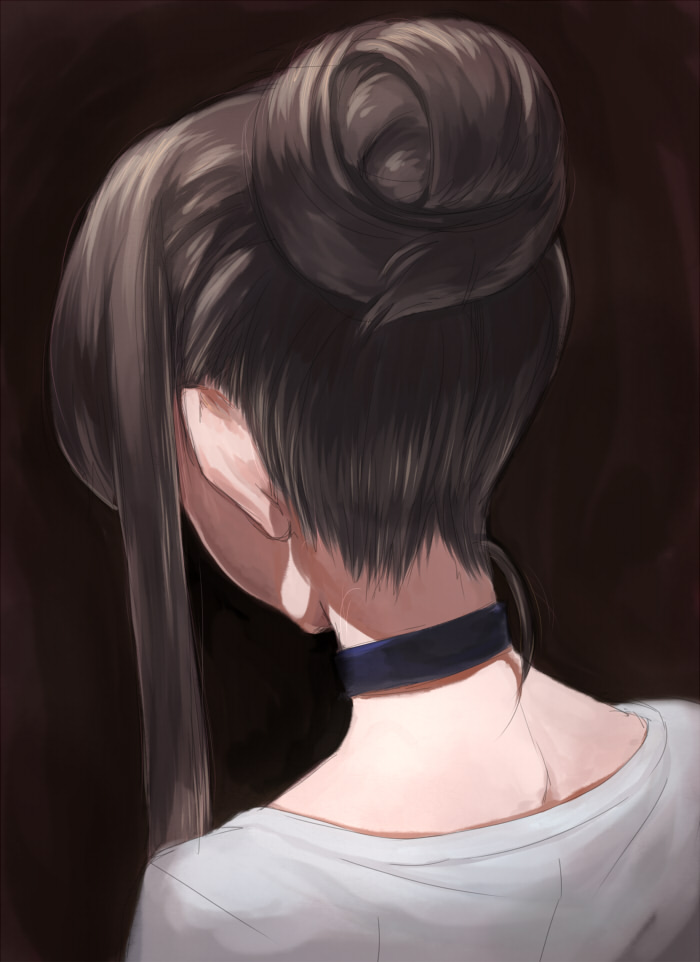 musen-shiki sanhankikan, marina ismail, gundam, gundam 00, bad id, bad pixiv id, 00s, 1girl, back, brown hair, choker, female focus, from behind, hair bun, hair focus, long hair, nape, neck, portrait, simple background, single hair bun, solo