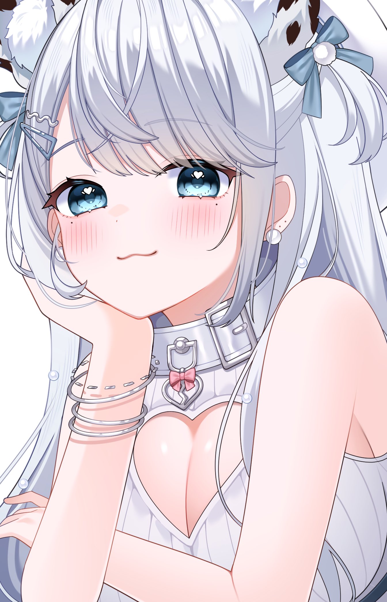 ren kohaku (vtuber), indie virtual youtuber, artist request, highres, second-party source, 1girl, :3, bangle, bare arms, bare shoulders, blue eyes, bracelet, breasts, cleavage, cleavage cutout, closed mouth, clothing cutout, collar, half updo, hand up, hat, head rest, heart, heart cutout, heart in eye, heart o-ring, jewelry, large breasts, long hair, looking at viewer, mole, mole under eye, o-ring, ribbed shirt, shirt, simple background, sleeveless, sleeveless shirt, smile, snow leopard ears, snow leopard girl, solo, symbol in eye, virtual youtuber, white background, white collar, white hair, white hat, white shirt
