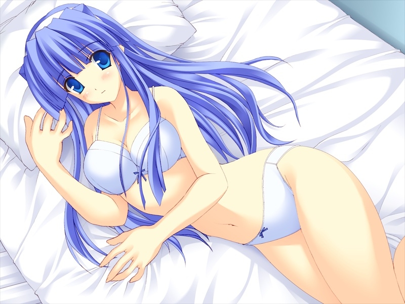 yoshimura kentaro, amano kasumi, matsushima biwako wa kaizou ningen de aru., game cg, non-web source, 1girl, bed, blue eyes, blue hair, bra, female focus, hairband, lingerie, long hair, lying, matching hair/eyes, panties, pillow, solo, underwear, underwear only, white panties