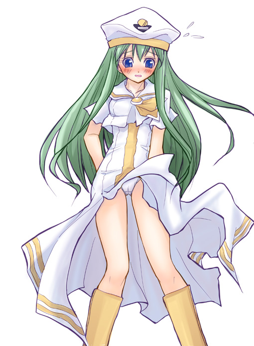 garyou, alice carroll, aria (manga), 00s, blue eyes, blush, cameltoe, green hair, panties, skirt, solo, underwear, white panties, wind, wind lift