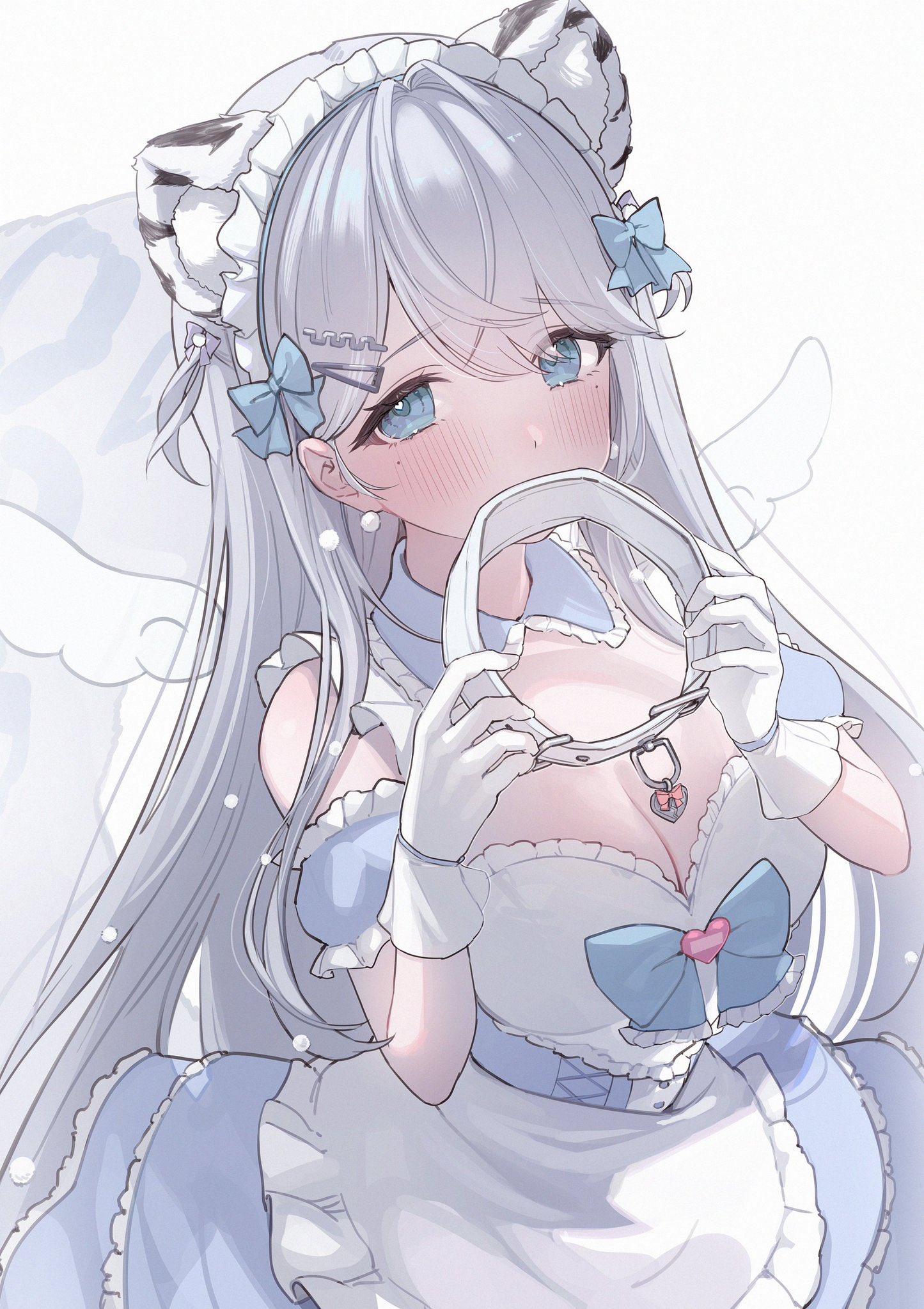 karya, ren kohaku (vtuber), indie virtual youtuber, highres, second-party source, 1girl, alternate costume, apron, bare shoulders, blue bow, blue dress, blue eyes, blush, bow, breasts, cleavage, collar, covering own mouth, detached collar, detached sleeves, dress, enmaided, frilled dress, frilled shirt collar, frills, gloves, grey hair, hair bow, hair ornament, hairclip, holding, holding collar, large breasts, long hair, looking at viewer, maid, maid apron, maid headdress, mole, mole under eye, short sleeves, simple background, snow leopard ears, snow leopard girl, snow leopard tail, solo, very long hair, virtual youtuber, white background, white collar, white gloves