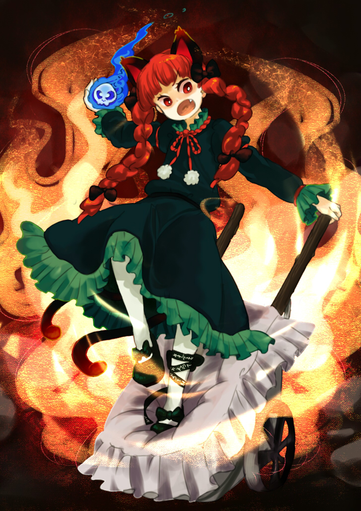 as (ashyblown), kaenbyou rin, touhou, bad id, bad pixiv id, 1girl, animal ears, braid, cat ears, cat girl, cat tail, fang, female focus, full body, multiple tails, nekomata, red eyes, red hair, solo, standing, tail, twin braids, twintails, two tails, wheelbarrow