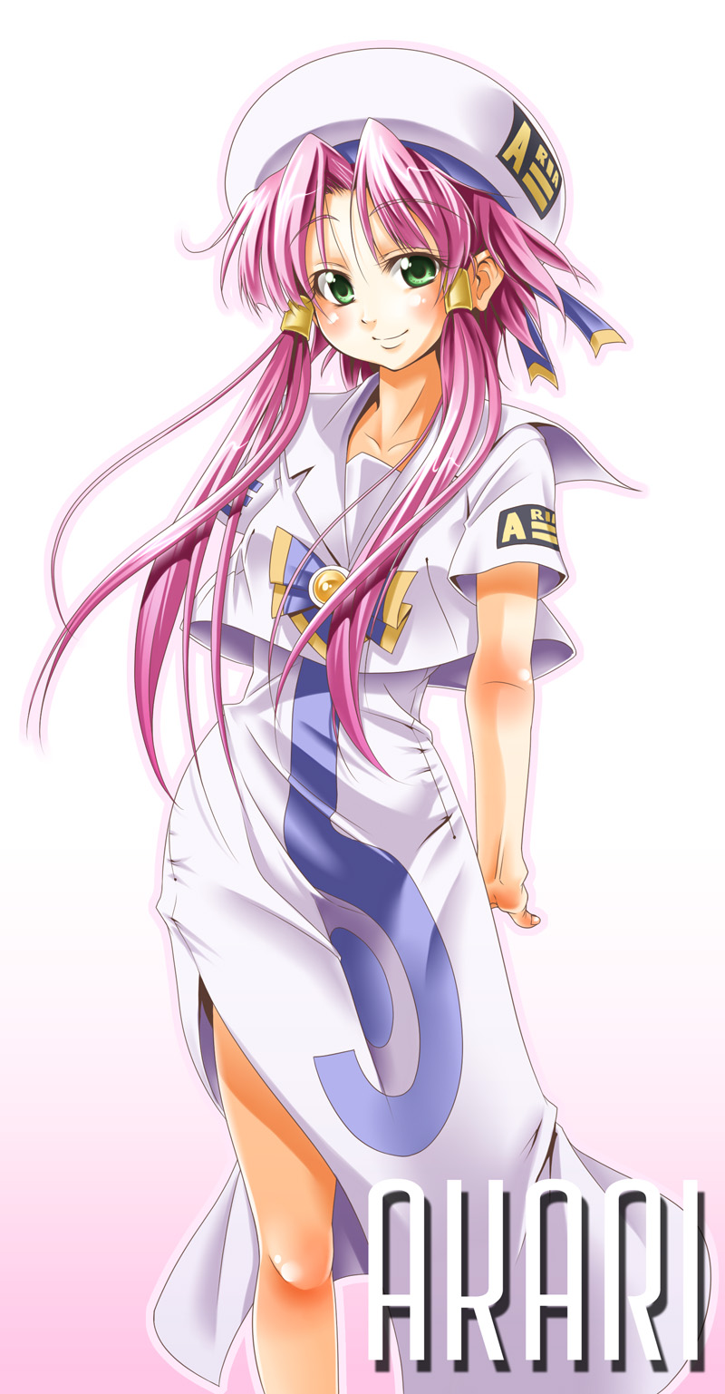 hiro kazuki, mizunashi akari, aria (manga), highres, 00s, blouse, green eyes, long hair, pink hair, shirt, short hair with long locks, smile, solo, white shirt