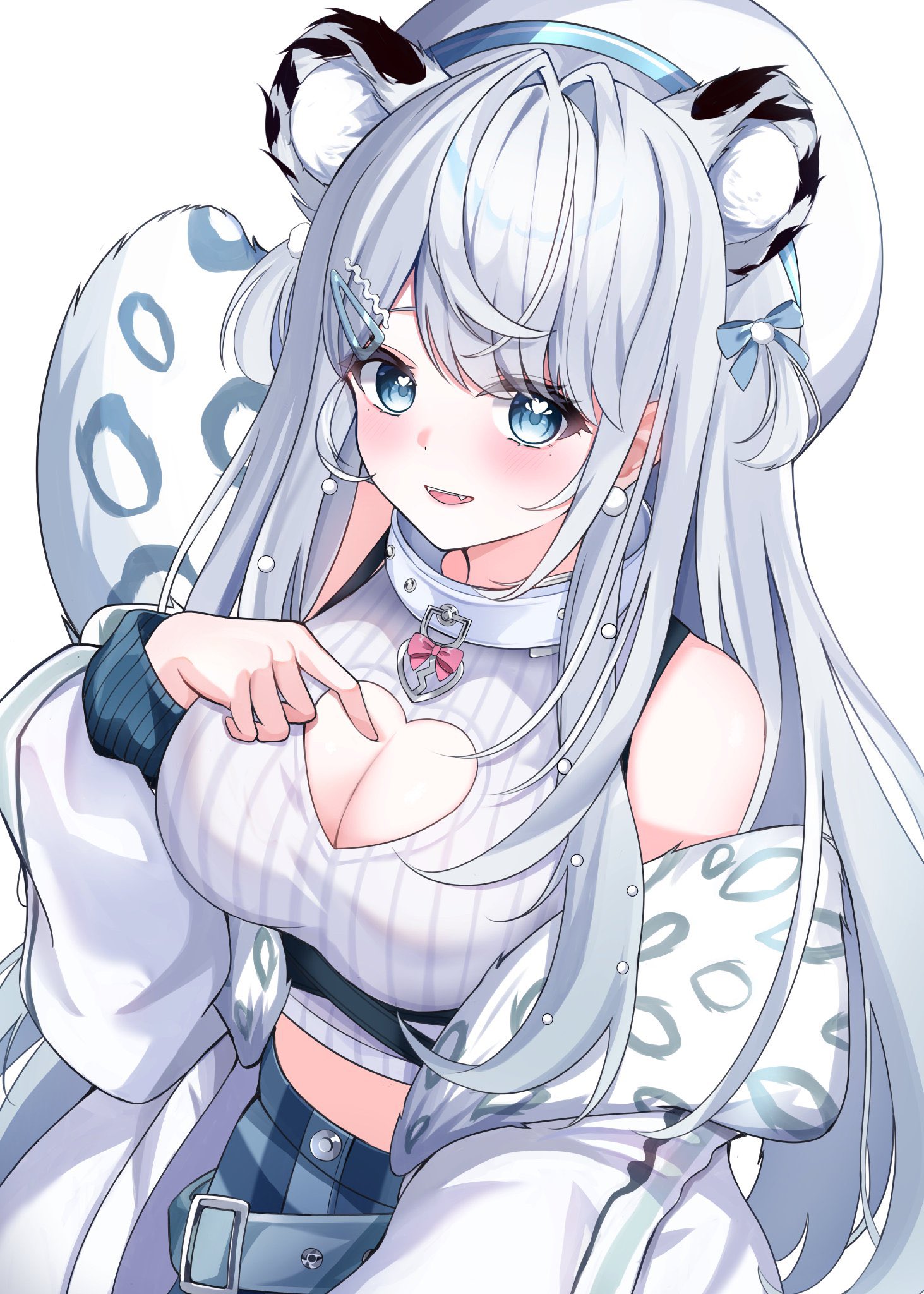 null maru, ren kohaku (vtuber), indie virtual youtuber, highres, second-party source, 1girl, bare shoulders, belt, blue eyes, blue skirt, breasts, cleavage, cleavage cutout, clothing cutout, collar, cowboy shot, crop top, extra ears, fangs, hair ornament, hairclip, hand on own chest, hat, heart, heart cutout, heart o-ring, jacket, large breasts, long hair, long sleeves, looking at viewer, loose belt, midriff, mole, mole under eye, o-ring, off shoulder, open clothes, open jacket, open mouth, ribbed shirt, shirt, simple background, skirt, sleeveless, sleeveless shirt, smile, snow leopard ears, snow leopard girl, snow leopard tail, solo, very long hair, virtual youtuber, white background, white collar, white hair, white hat, white jacket, white shirt