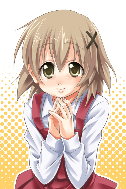 hiro kazuki, yuno (hidamari sketch), hidamari sketch, tagme, 00s, 1girl, brown eyes, brown hair, closed mouth, female focus, hair ornament, own hands clasped, own hands together, school uniform, smile, solo, standing, yamabuki high school uniform
