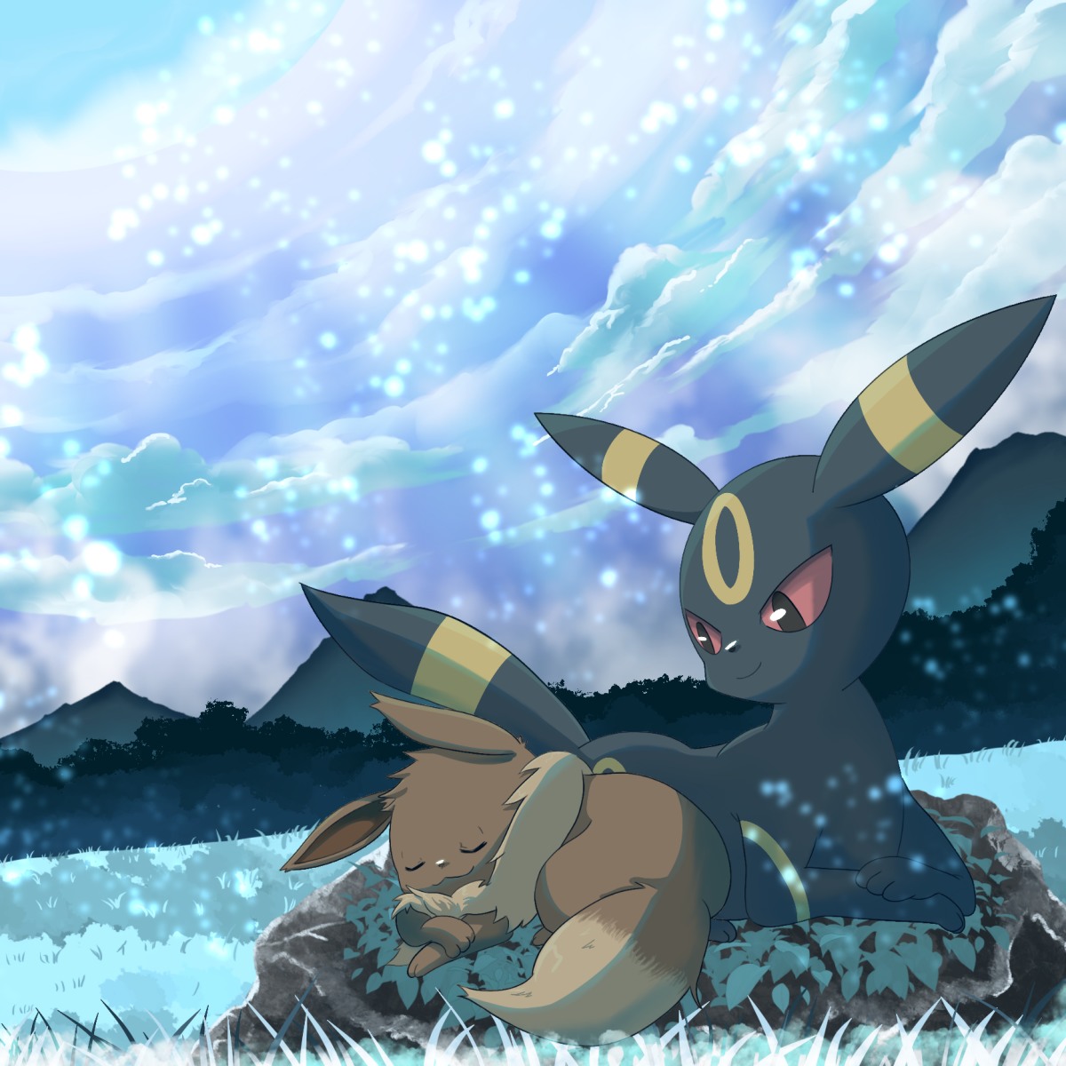 suparna0217, eevee, umbreon, nintendo, pokemon, highres, cloud, colored sclera, day, gen 1 pokemon, gen 2 pokemon, lying, mountainous horizon, no humans, on stomach, outdoors, pokemon (creature), red sclera, sleeping, sunlight