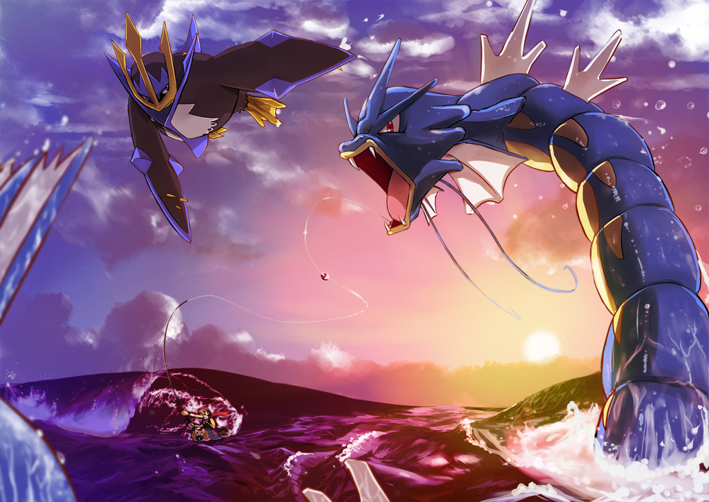 cojibou, bibarel, empoleon, gyarados, lucas (pokemon), nintendo, pokemon, pokemon dppt, bad id, bad pixiv id, 00s, 1boy, battle, bird, cloud, epic, fangs, fins, fishing, fishing rod, gen 1 pokemon, gen 4 pokemon, hat, holding, holding fishing rod, naval battle, ocean, penguin, pokemon (creature), red eyes, sunset, water, waves, wings