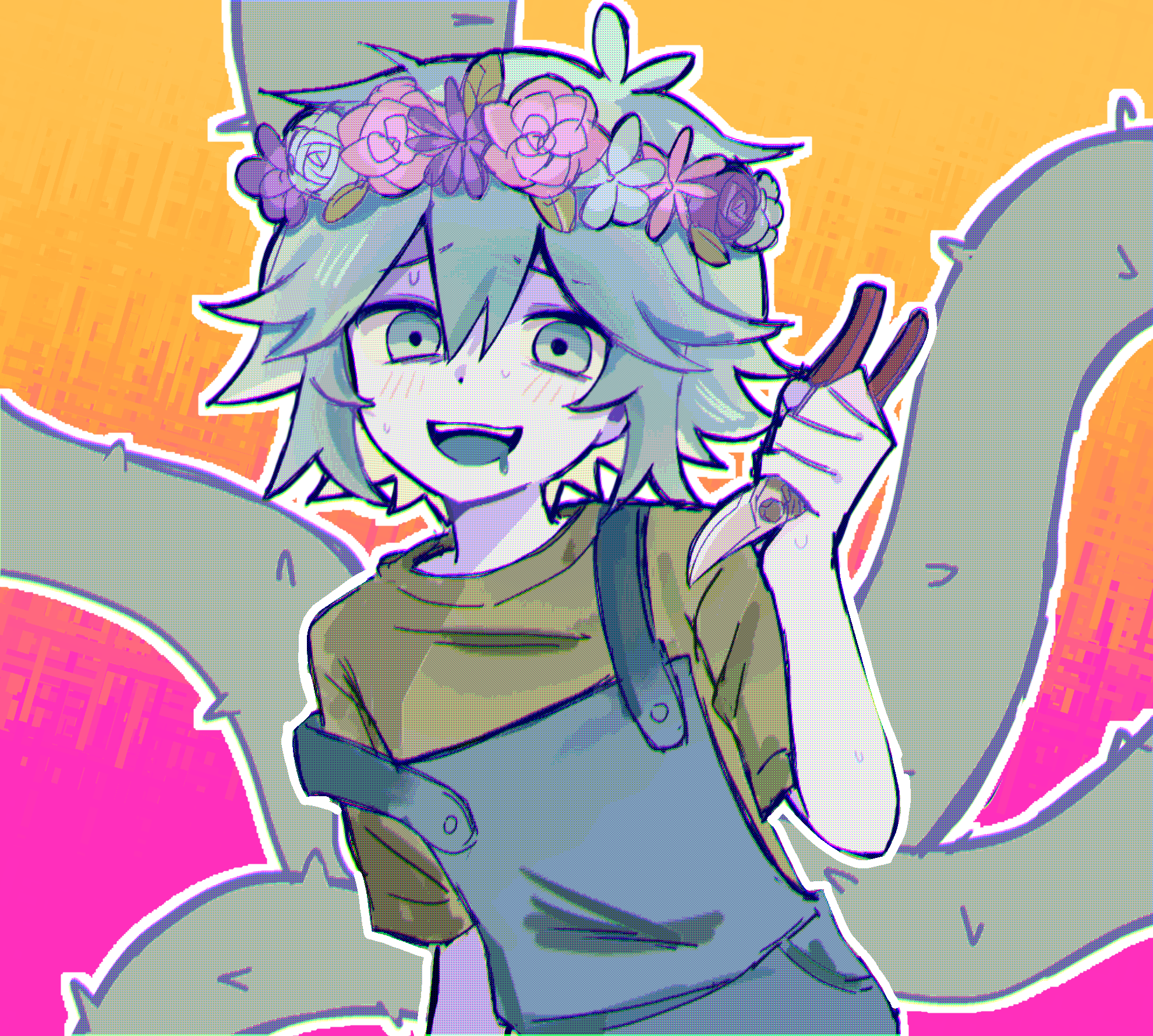 mo42144, basil (headspace) (omori), basil (omori), omori, chinese commentary, commentary request, highres, 1boy, antenna hair, blue overalls, blush, chromatic aberration, colored tongue, double-parted bangs, drooling, flower, gardening shears, green eyes, green hair, green shirt, green tongue, hair between eyes, head wreath, looking at viewer, male focus, mouth drool, open mouth, outline, overalls, plant, shirt, short hair, short sleeves, simple background, smile, solo, t-shirt, teeth, thorns, upper body, upper teeth only, vines, white outline