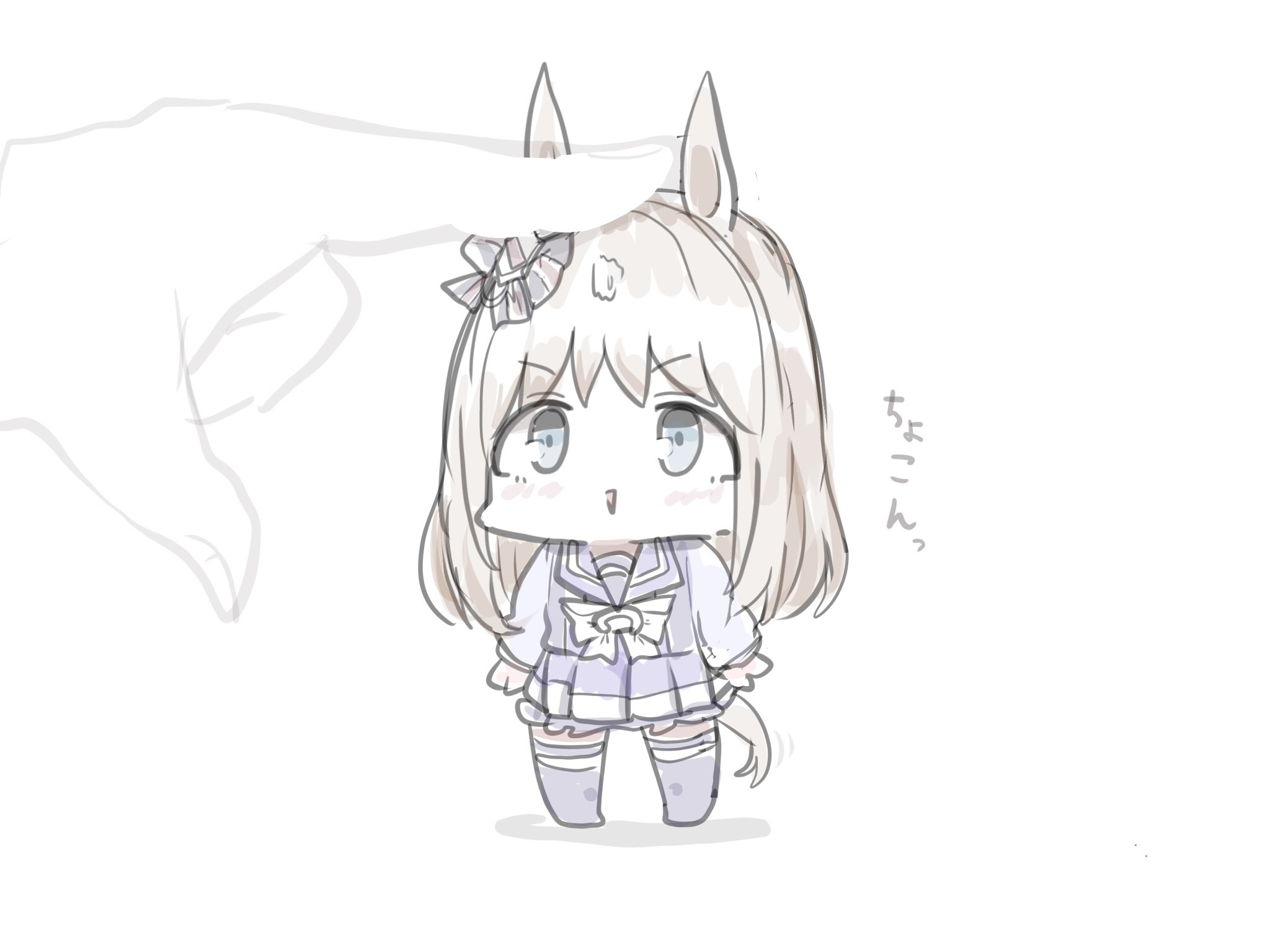 kawamochi (tddm3573), grass wonder (umamusume), umamusume, highres, translation request, 1girl, 1other, animal ears, bow, brown hair, chibi, ear bow, horse ears, horse girl, horse tail, long hair, long sleeves, mini person, minigirl, multicolored hair, out of frame, pleated skirt, puffy long sleeves, puffy sleeves, purple shirt, purple skirt, purple thighhighs, school uniform, shadow, shirt, simple background, skirt, solo focus, standing, striped bow, tail, thighhighs, tracen school uniform, two-tone hair, very long hair, white background, white bow, white hair