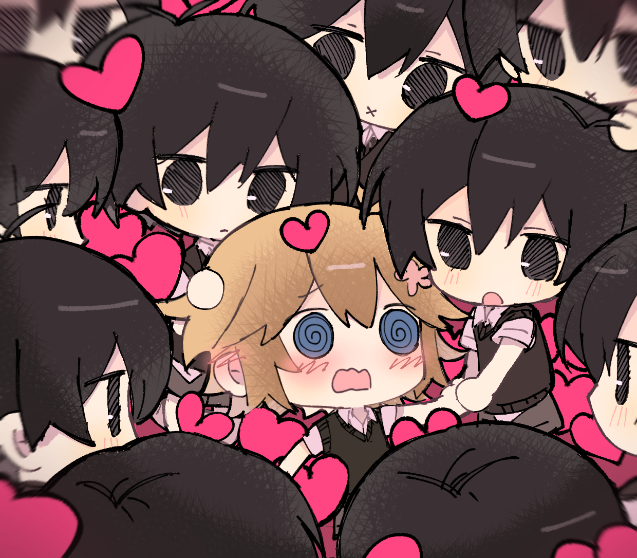mo42144, basil (faraway) (omori), basil (omori), sunny (omori), omori, chinese commentary, commentary request, 6+boys, @ @, antenna hair, black eyes, black hair, black sweater vest, blonde hair, blue eyes, chibi, chibi only, clone harem, closed mouth, collared shirt, double-parted bangs, expressionless, flustered, hair between eyes, heart, looking at another, male focus, male harem, meme, multiple boys, open mouth, shirt, short hair, short sleeves, simple background, sonic surrounded by amy plush dolls (meme), sweater vest, white shirt, yaoi