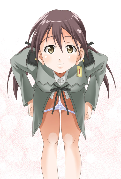 hiro kazuki, gertrud barkhorn, strike witches, world witches series, 00s, 1girl, bent over, female focus, military, military uniform, panties, panty pull, solo, stain, stained panties, underwear, undressing, white panties