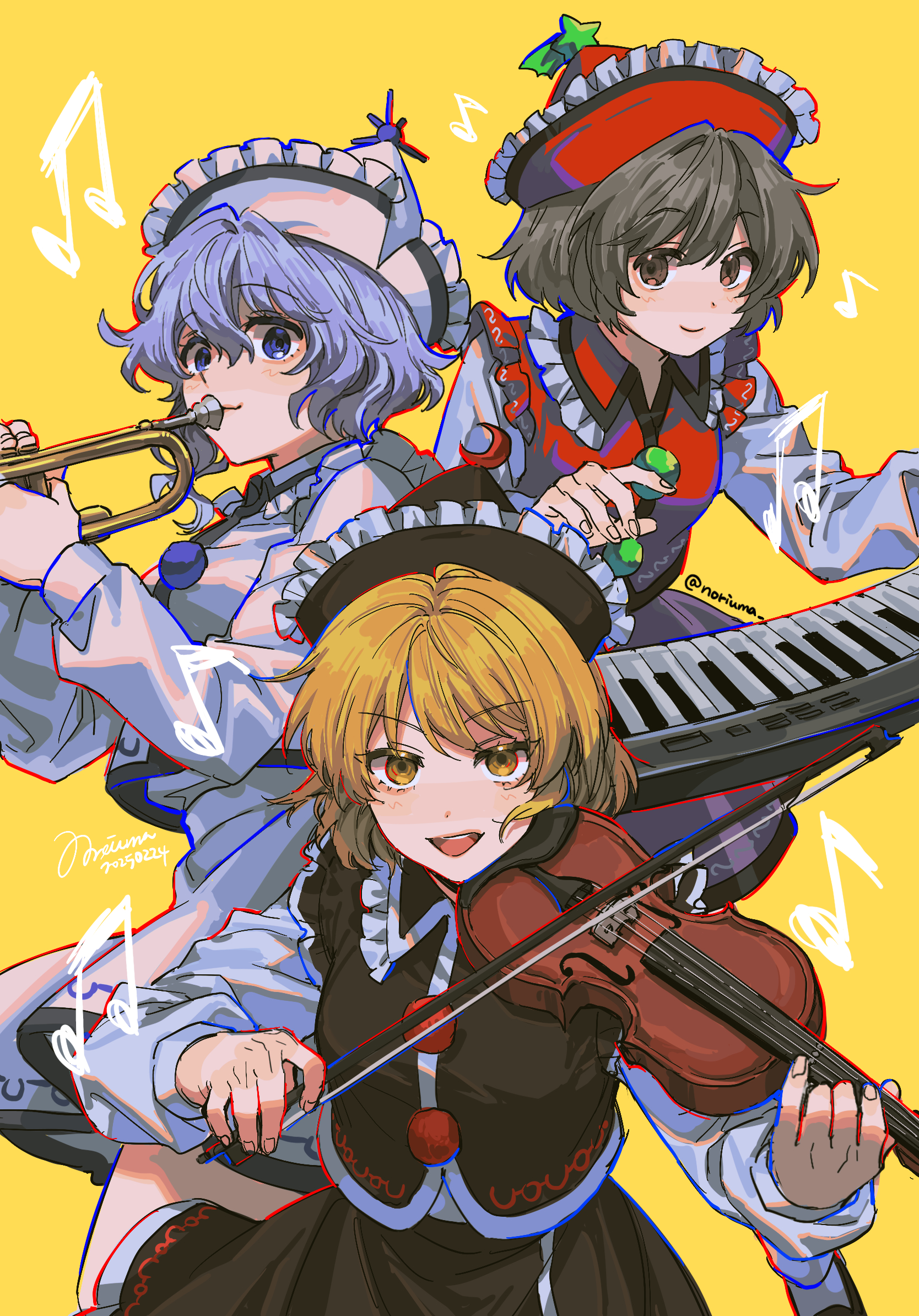 noriuma, lunasa prismriver, lyrica prismriver, merlin prismriver, touhou, commentary request, highres, 3girls, black hat, black skirt, black vest, blonde hair, blue eyes, blue hair, bow (music), breasts, brown hair, crescent, crescent hat ornament, dated, hat, hat ornament, holding, holding bow (music), holding instrument, holding violin, instrument, jacket, keyboard (instrument), long sleeves, looking at viewer, multiple girls, music, musical note, open mouth, playing instrument, red hat, red vest, siblings, signature, simple background, sisters, skirt, smile, star (symbol), star hat ornament, trumpet, twitter username, vest, violin, white skirt, yellow background, yellow eyes