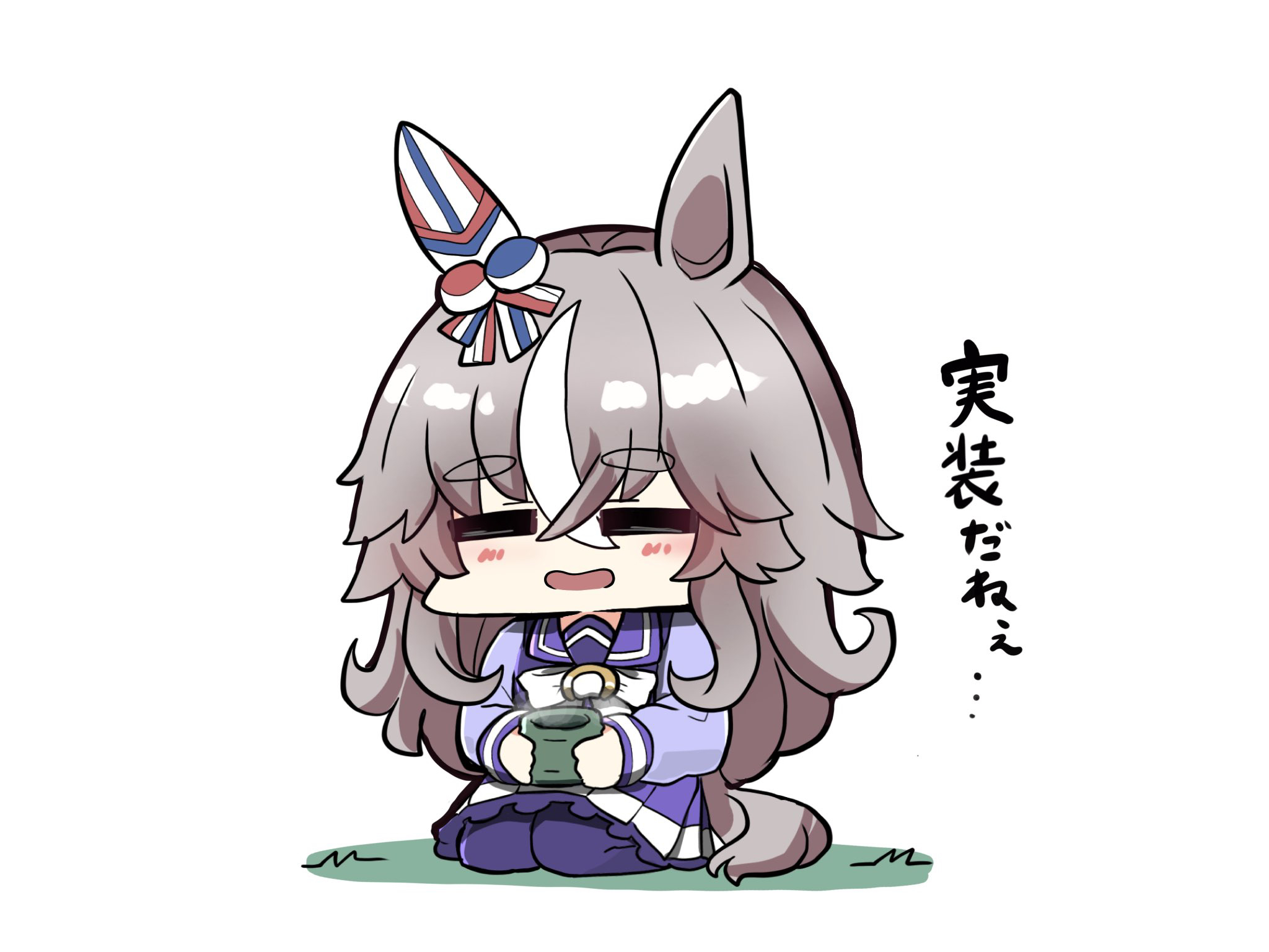 kawamochi (tddm3573), wonder acute (umamusume), umamusume, highres, translation request, 1girl, animal ears, blush, bow, brown hair, chibi, closed eyes, cup, full body, holding, holding cup, horse ears, horse girl, horse tail, long sleeves, multicolored hair, open mouth, pantyhose, pleated skirt, puffy long sleeves, puffy sleeves, purple pantyhose, purple shirt, purple skirt, school uniform, seiza, shirt, short eyebrows, simple background, sitting, skirt, smile, solo, streaked hair, tail, thick eyebrows, tracen school uniform, white background, white bow, white hair, yunomi