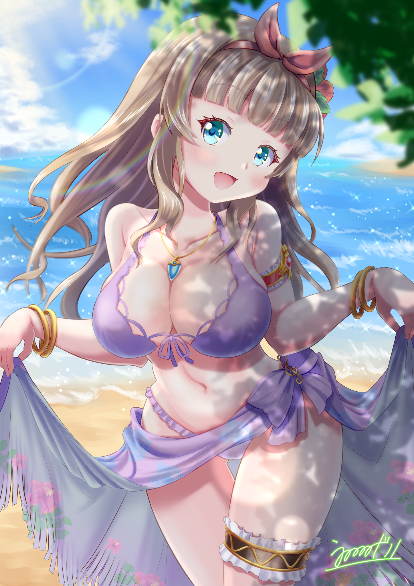 arin von heilbronn, iris mysteria!, highres, 1girl, armband, beach, bikini, blonde hair, blue eyes, blue sky, bracelet, breasts, cleavage, flower, hair flower, hair ornament, hairband, jewelry, large breasts, long hair, navel, ocean, open mouth, purple bikini, purple sarong, red armband, red hairband, ribbon-trimmed hairband, sarong, sarong hold, sky, solo, swimsuit, thigh strap, uninininidoru