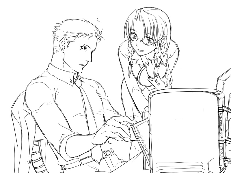 esaka, hong meiling, krizalid, m.u.g.e.n, snk, the king of fighters, touhou, 1boy, 1girl, bespectacled, couple, crossover, glasses, greyscale, hetero, monochrome, office lady, sketch