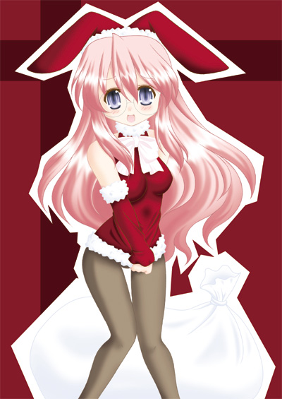 isa (ni-iro), takara miyuki, lucky star, 00s, 1girl, animal ears, bag, blush, christmas, fake animal ears, female focus, glasses, pantyhose, playboy bunny, rabbit ears, santa costume, solo, thigh gap
