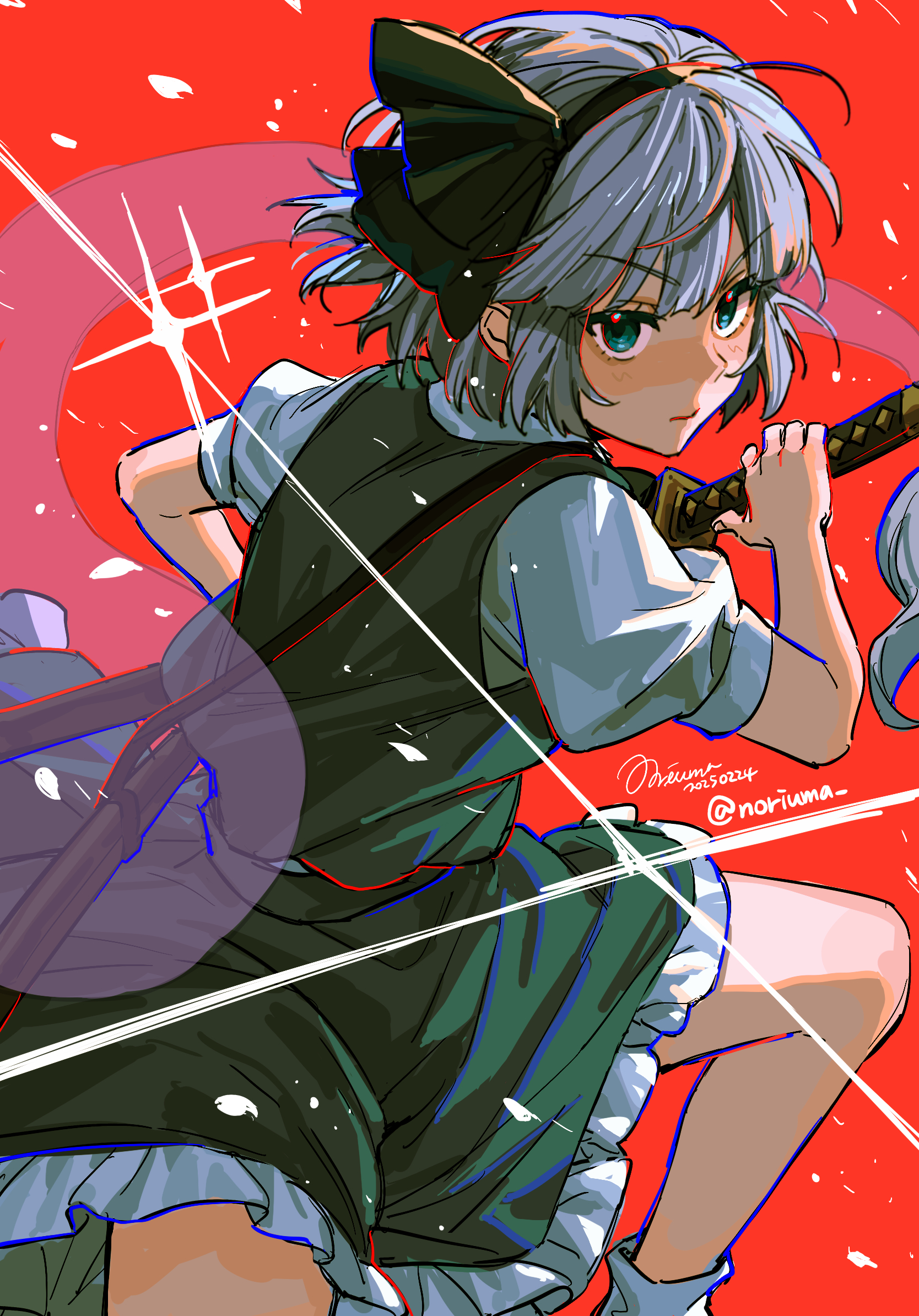 noriuma, konpaku youmu, konpaku youmu (ghost), touhou, commentary request, highres, 1girl, aqua eyes, black hairband, black ribbon, bow hairband, closed mouth, dated, falling petals, frilled skirt, frills, from side, green skirt, green vest, grey hair, hair ribbon, hairband, hitodama, holding, holding sword, holding weapon, katana, petals, puffy short sleeves, puffy sleeves, ribbon, sheath, sheathed, shirt, short hair, short sleeves, signature, simple background, skirt, skirt set, slashing, solo, sword, twitter username, unsheathing, vest, weapon, white petals, white shirt