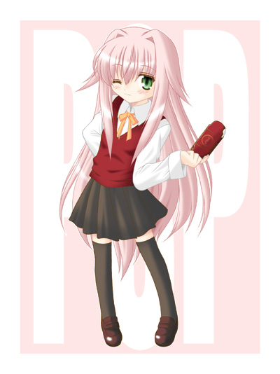 isa (ni-iro), 1girl, female focus, full body, green eyes, handheld game console, long hair, one eye closed, playstation portable, school uniform, skirt, solo, thighhighs, wink, zettai ryouiki