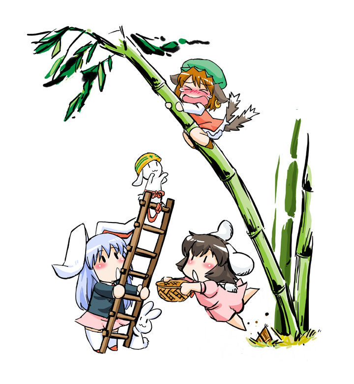 azuki osamitsu, chen, inaba mob (touhou), inaba tewi, reisen udongein inaba, touhou, > <, 3girls, :3, animal ears, bamboo, bamboo forest, basket, bloomers, blue hair, brown hair, cat ears, cat girl, cat tail, chibi, closed eyes, earrings, female focus, forest, hard hat, helmet, jewelry, ladder, long hair, multiple girls, multiple tails, nature, open mouth, rabbit, rabbit ears, rabbit girl, rabbit tail, scared, tail, tears, tree, underwear
