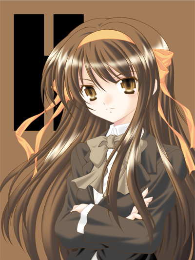 isa (ni-iro), suzumiya haruhi, suzumiya haruhi no shoushitsu, suzumiya haruhi no yuuutsu, 00s, 10s, alternate costume, alternate hairstyle, blazer, bow, brown eyes, brown hair, crossed arms, hair ribbon, hairband, headband, jacket, kouyouen academy school uniform, long hair, official alternate hair length, official alternate hairstyle, ribbon, school uniform, solo
