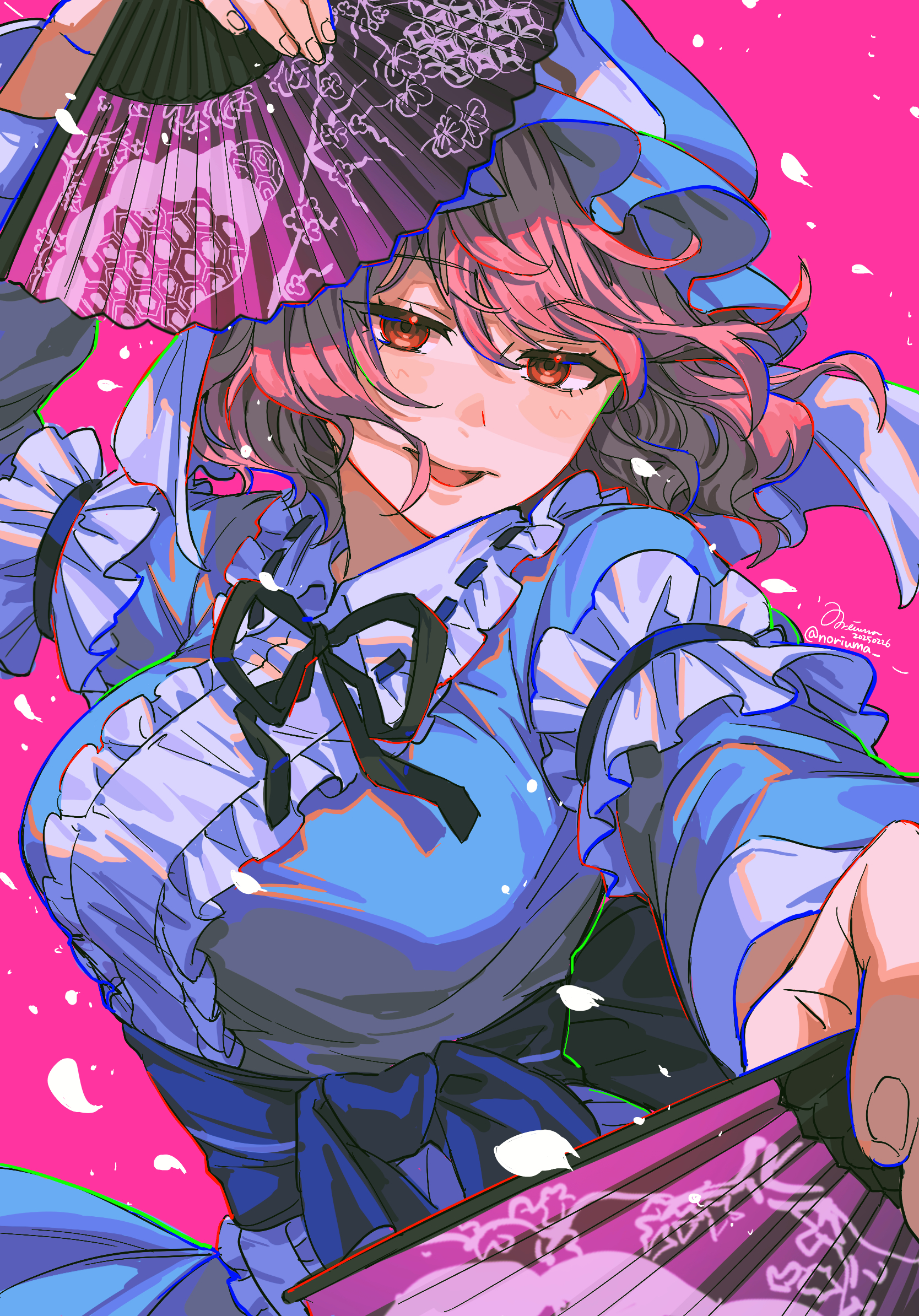 noriuma, saigyouji yuyuko, touhou, commentary request, highres, making-of available, 1girl, black ribbon, blue hat, blue kimono, breasts, dated, dress, falling petals, folding fan, frilled kimono, frills, hand fan, hat, holding, japanese clothes, kimono, large breasts, long sleeves, looking at viewer, mob cap, neck ribbon, open mouth, petals, pink background, pink eyes, pink hair, red eyes, ribbon, ribbon-trimmed collar, ribbon trim, saigyouji yuyuko's fan design, signature, sleeve garter, smile, solo, triangular headpiece, twitter username, white petals