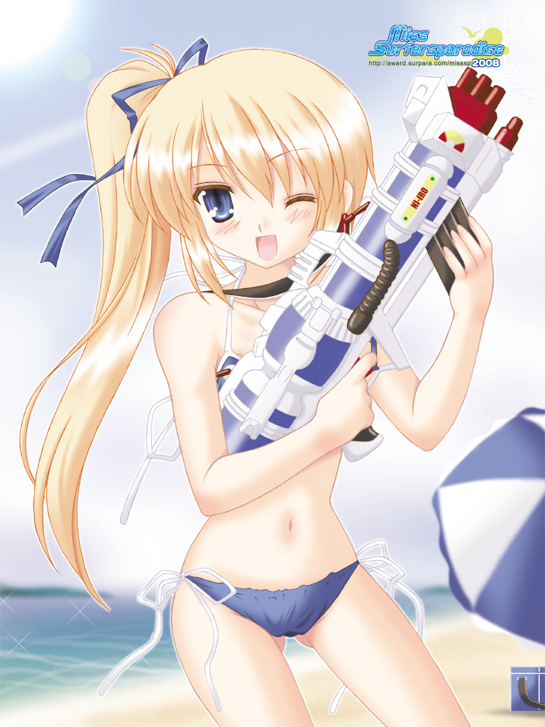 isa (ni-iro), miss surfersparadise, original, 1girl, beach, bikini, blonde hair, blue bikini, blue eyes, day, female focus, long hair, one eye closed, outdoors, ponytail, side-tie bikini bottom, solo, swimsuit, water gun, wink