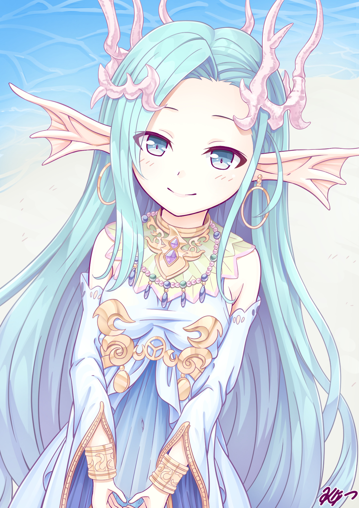 k (nura-rikuo), iris mysteria!, gold armlet, gold collar, highres, 1girl, artist name, beach, blue hair, blue shirt, blue skirt, blue sleeves, breasts, coral hair ornament, detached sleeves, earrings, fins, forehead, hair ornament, head fins, jewelry, lenantrude sariusz schaum, long hair, medium breasts, ocean, shirt, sign, skirt, smile, solo, wide sleeves