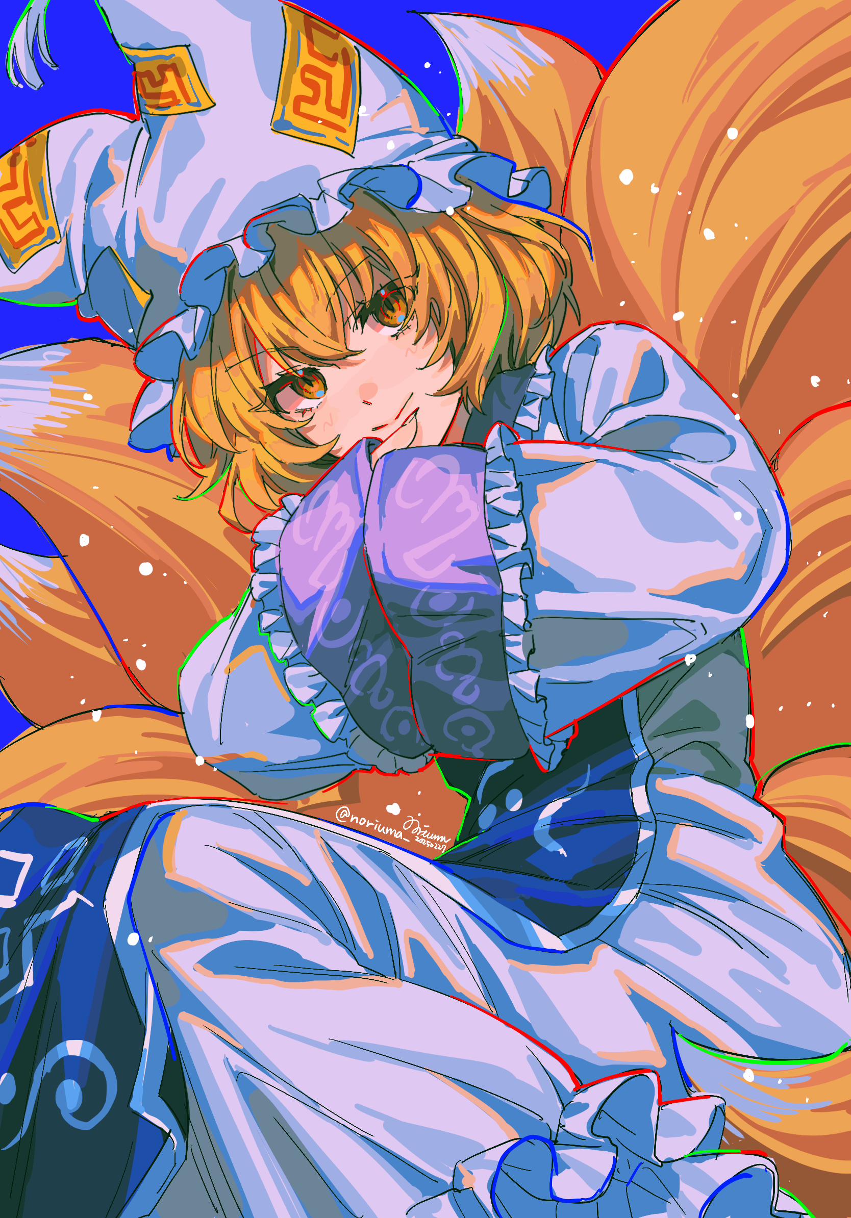 noriuma, yakumo ran, touhou, commentary request, highres, 1girl, animal ears, animal hat, blonde hair, blue background, blue tabard, closed mouth, collared dress, dated, dress, fox ears, fox girl, fox tail, frilled dress, frilled shirt collar, frilled sleeves, frills, hands in opposite sleeves, hat, kitsune, light blush, light particles, light smile, looking at viewer, medium hair, mob cap, multiple tails, ofuda, ofuda on clothes, signature, sleeves past wrists, smile, solo, tabard, tail, twitter username, white dress, white hat, wide sleeves, yellow eyes