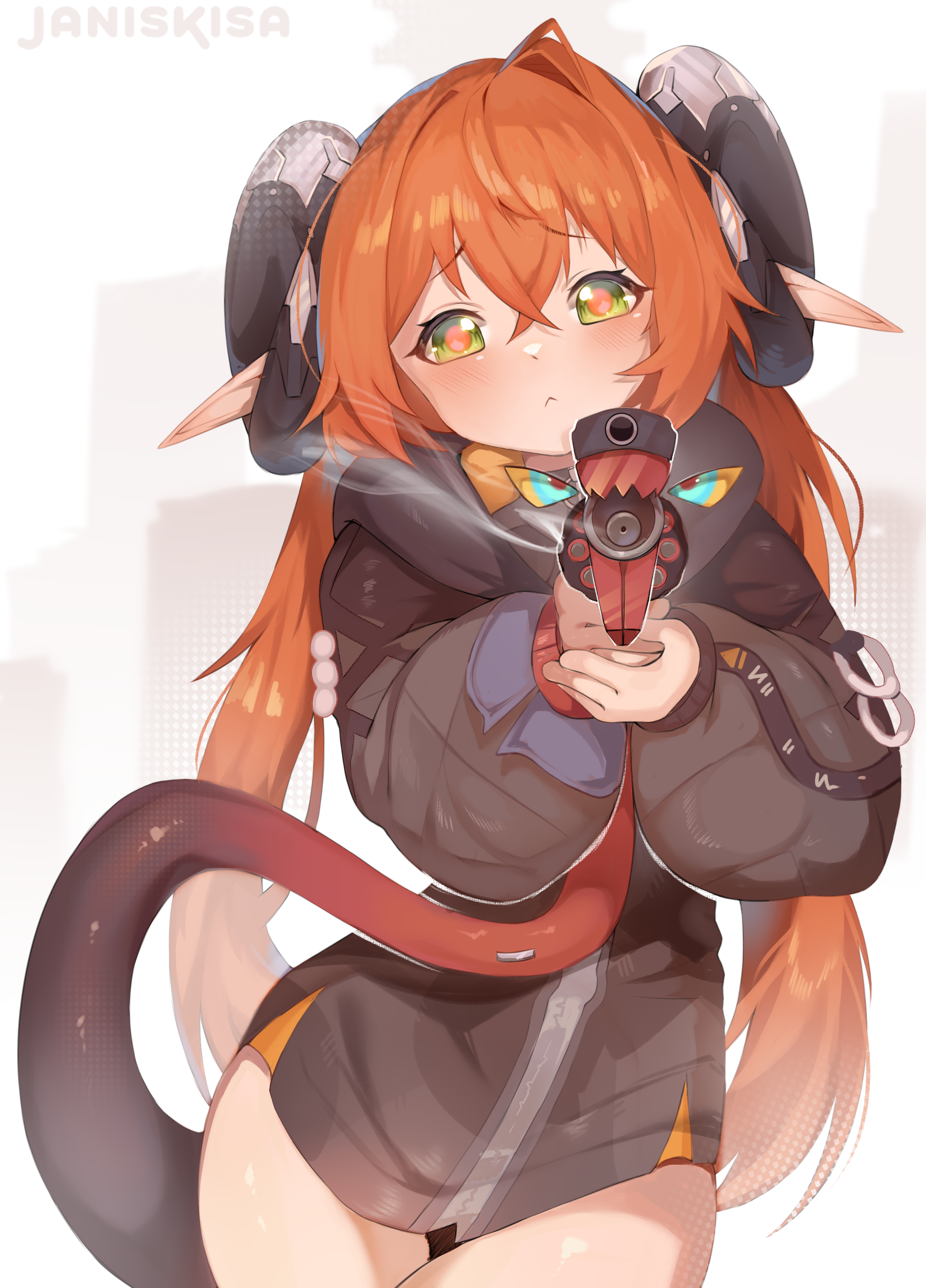 kisahuiisa, magus (zenless zone zero), orphie magnusson, zenless zone zero, absurdres, commentary, english commentary, highres, 1girl, :<, black jacket, blush, closed mouth, dragon girl, dragon horns, dragon tail, green eyes, gun, holding own tail, horns, jacket, long hair, looking at viewer, mechanical tail, pointy ears, red hair, smoke, smoking barrel, solo, tail, twintails, very long hair, weapon