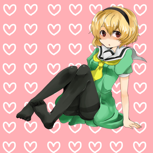 maroyan, houjou satoko, higurashi no naku koro ni, bad id, bad pixiv id, lowres, 00s, 1girl, bad anatomy, bad feet, blonde hair, brown eyes, dress, feet, female focus, hairband, heart, panties, panties under pantyhose, pantyhose, pantyshot, poorly drawn, sailor dress, school uniform, serafuku, short hair, solo, thighband pantyhose, underwear, upskirt