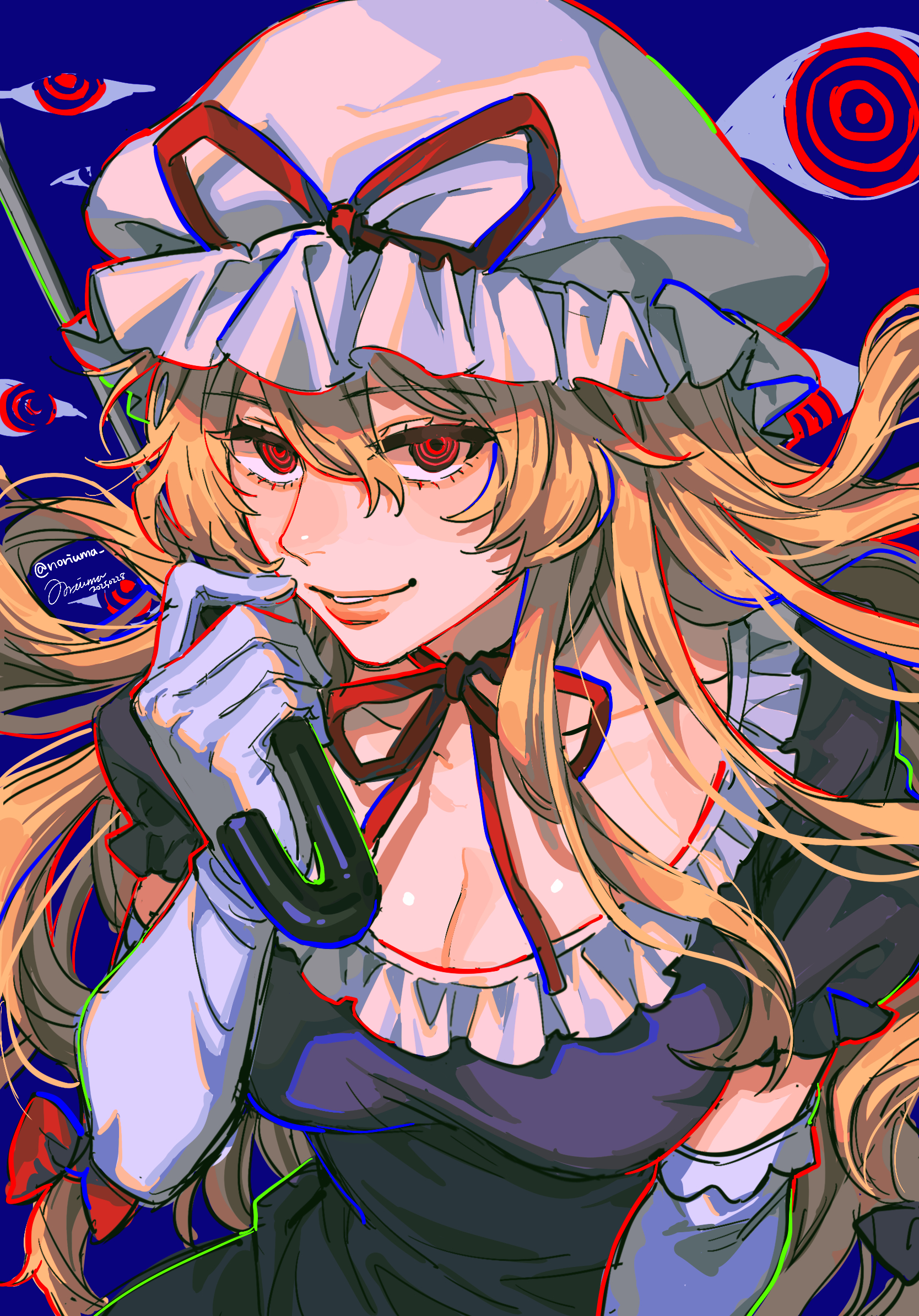 noriuma, yakumo yukari, touhou, commentary request, highres, 1girl, blonde hair, bow, breasts, choker, cleavage, double-parted bangs, dress, elbow gloves, floating hair, gap (touhou), gloves, hair between eyes, hair bow, hand up, hat, holding, holding umbrella, large breasts, long hair, looking at viewer, mob cap, purple dress, red bow, red eyes, red ribbon, ribbon, ribbon choker, solo, umbrella, upper body, white gloves, white hat