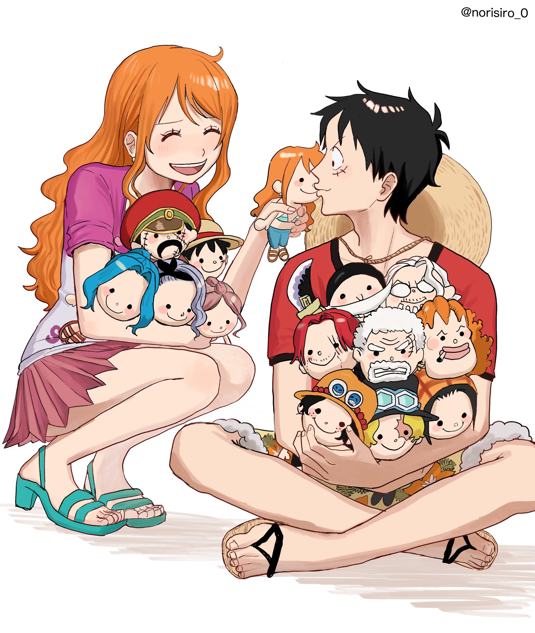 norisiro 0, bellemere, curly dadan, edward newgate, genzo (one piece), makino (one piece), monkey d. garp, monkey d. luffy, nami (one piece), nefertari vivi, nojiko (one piece), portgas d. ace, sabo (one piece), shanks (one piece), silvers rayleigh, one piece, hashtag-only commentary, highres, 1boy, 1girl, aqua sandals, bare arms, bare legs, black hair, blush, character doll, closed eyes, closed mouth, doll, earrings, facial scar, facing another, feet, floral print, full body, fur-trimmed shorts, fur trim, hat, high heel sandals, holding, holding doll, indian style, jewelry, kiss, long hair, looking at another, official alternate costume, open mouth, orange hair, pink shirt, pink skirt, pleated skirt, print shorts, puckered lips, red shirt, sandals, scar, scar on cheek, scar on face, shirt, short sleeves, shorts, sidelocks, sitting, skirt, smile, squatting, straw hat, stuffed toy, toes, twitter username, unworn hat, unworn headwear, wavy hair, white background