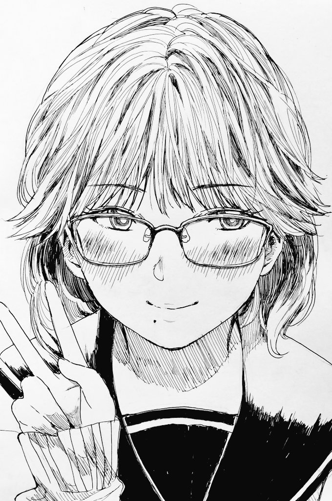 misaki toji, original, 1girl, blush, glasses, light smile, mole, mole under mouth, monochrome, sailor collar, school uniform, short hair, v, white background