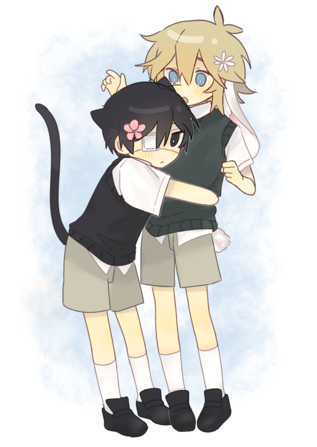 mo42144, basil (faraway) (omori), basil (omori), sunny (omori), omori, chinese commentary, commentary request, highres, spoilers, 2boys, :o, animal ears, antenna hair, black eyes, black hair, black shoes, black sweater vest, black tail, blonde hair, blue background, blue eyes, border, bright pupils, cat boy, cat ears, cat tail, closed mouth, collared shirt, double-parted bangs, flower, full body, green sweater vest, grey shorts, hair between eyes, hair flower, hair ornament, hands up, hug, kemonomimi mode, kneehighs, male focus, multiple boys, open mouth, outside border, pink flower, rabbit boy, rabbit ears, rabbit tail, shirt, shoes, short hair, short sleeves, shorts, simple background, socks, standing, sweater vest, tail, very short hair, white border, white flower, white pupils, white shirt, white socks, white tail