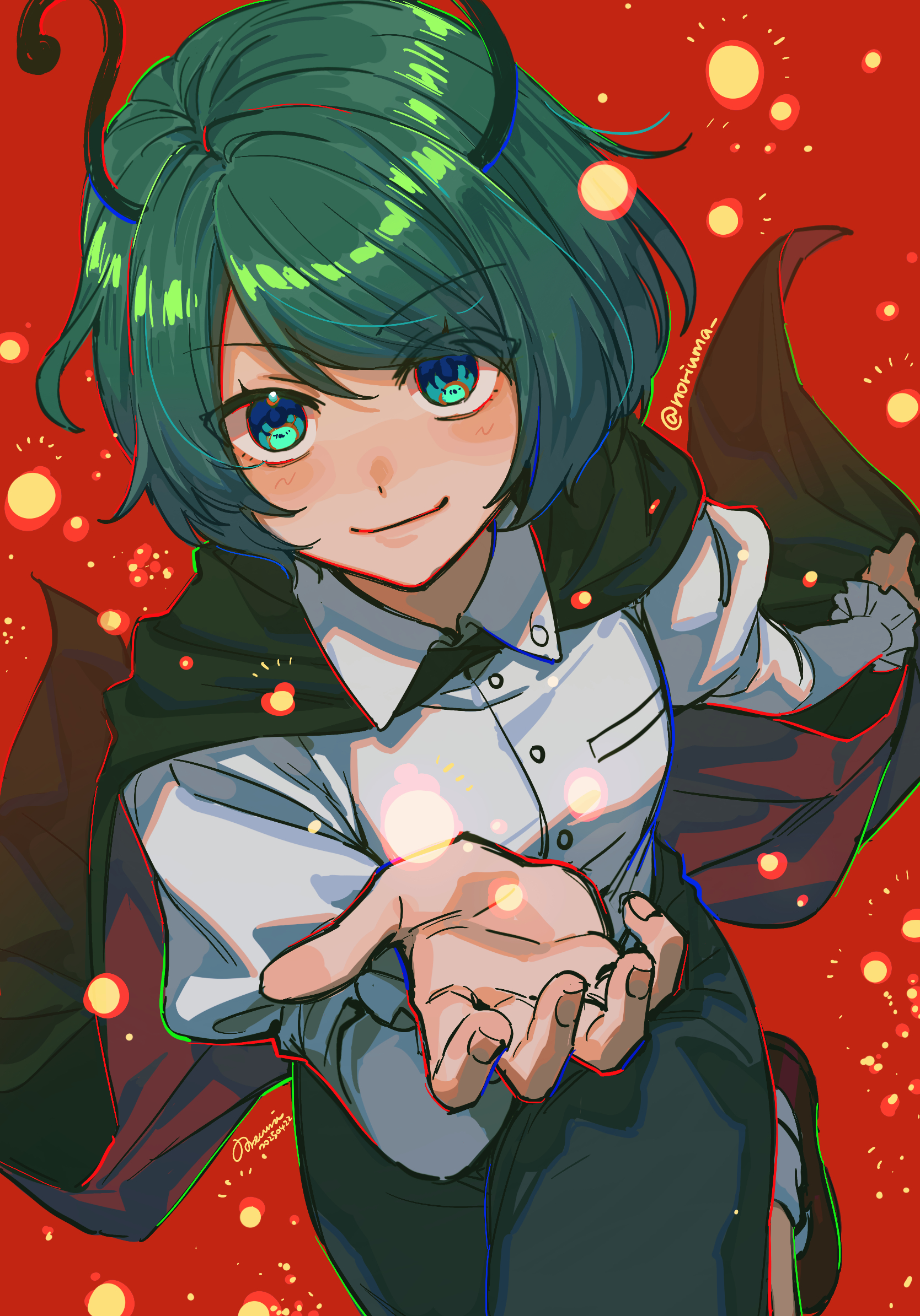 noriuma, wriggle nightbug, touhou, commentary request, highres, 1girl, ankle socks, antennae, black cape, black shorts, blush, bob cut, breasts, buttons, cape, closed mouth, collared shirt, dated, foot out of frame, frilled sleeves, frills, from above, green eyes, green hair, hand up, juliet sleeves, leg up, long sleeves, looking at viewer, mary janes, puffy sleeves, red background, shirt, shoes, short hair, shorts, signature, small breasts, smile, socks, solo, swept bangs, twitter username, two-sided cape, two-sided fabric, white shirt, white socks, wing collar