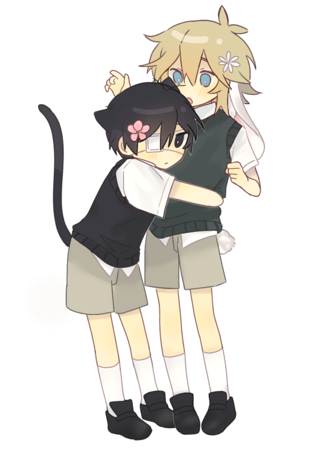mo42144, basil (faraway) (omori), basil (omori), sunny (omori), omori, chinese commentary, commentary request, highres, spoilers, 2boys, :o, animal ears, antenna hair, black eyes, black hair, black shoes, black sweater vest, black tail, blonde hair, blue eyes, bright pupils, cat boy, cat ears, cat tail, closed mouth, collared shirt, double-parted bangs, flower, full body, green sweater vest, grey shorts, hair between eyes, hair flower, hair ornament, hands up, hug, kemonomimi mode, kneehighs, male focus, multiple boys, open mouth, pink flower, rabbit boy, rabbit ears, rabbit tail, shirt, shoes, short hair, short sleeves, shorts, simple background, socks, standing, sweater vest, tail, very short hair, white background, white flower, white pupils, white shirt, white socks, white tail