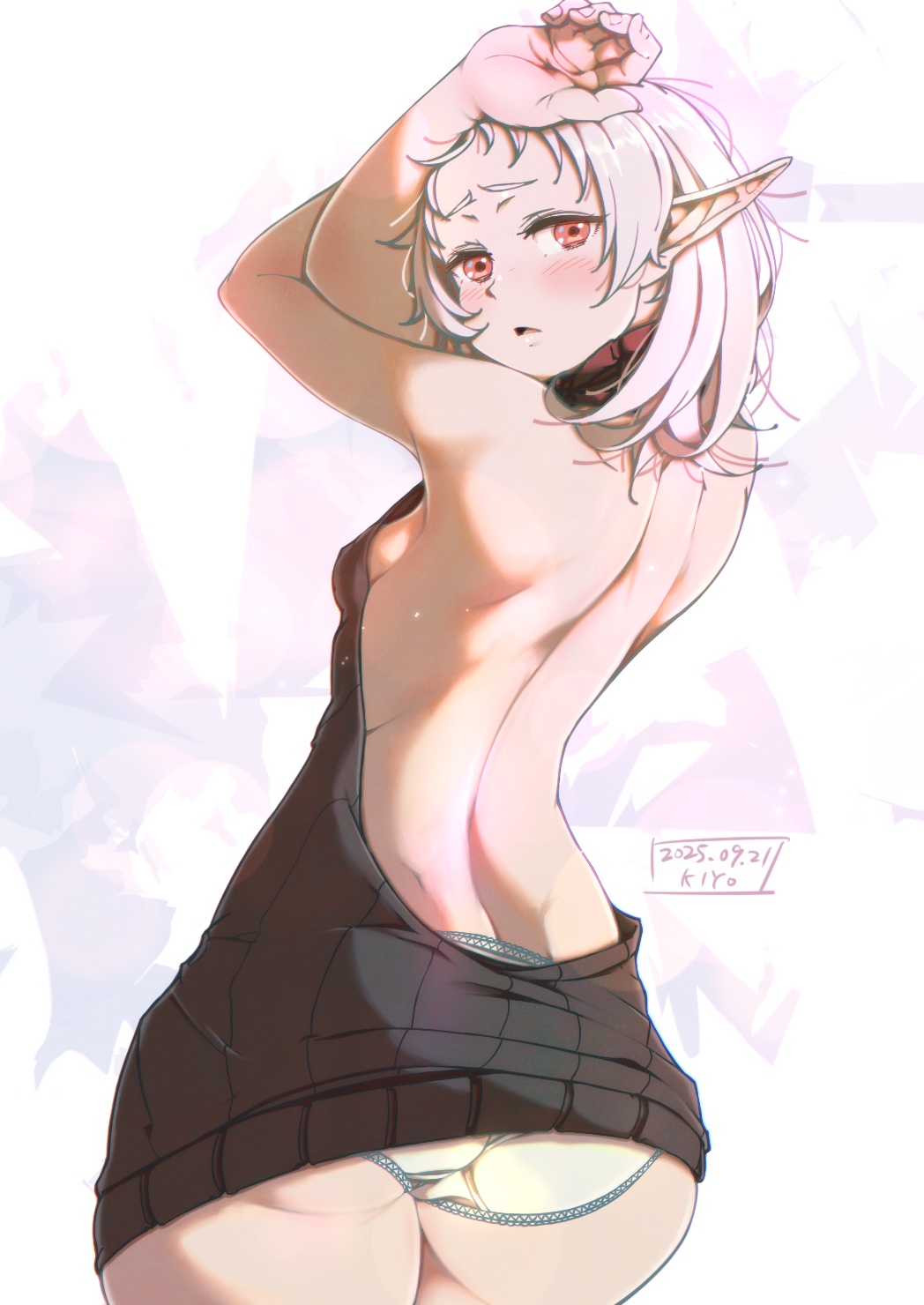 kiyo (a sam ko), sylphiette (mushoku tensei), mushoku tensei, commentary request, highres, 1girl, alternate ass size, alternate costume, arms up, ass, back, back focus, backless dress, backless outfit, bare back, bare shoulders, black sweater, blush, breasts, cowboy shot, dated, dress, elf, from behind, lens flare, looking at viewer, looking back, median furrow, medium hair, no bra, panties, parted lips, pointy ears, red eyes, shoulder blades, sideboob, signature, sleeveless, sleeveless sweater, sleeveless turtleneck, small breasts, solo, spine, sweater, sweater dress, turtleneck, turtleneck sweater, underwear, virgin killer sweater, white hair, white panties, wide hips