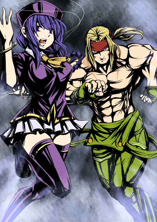 kurokami910, kurokami (artist), kurokami (shadow), alex (street fighter), sion eltnam (type-moon), sion eltnam atlasia, capcom, m.u.g.e.n, melty blood, street fighter, tsukihime, 00s, 1boy, 1girl, braid, crossover, hat, high contrast, necktie, purple eyes, purple hair, thighhighs, zettai ryouiki