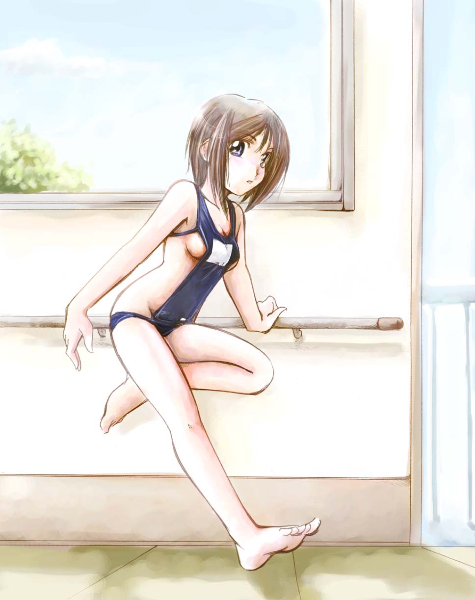 jason (kaiten kussaku kikou), original, highres, 1girl, barefoot, black one-piece swimsuit, blue eyes, breasts, brown hair, feet, female focus, nontraditional school swimsuit, one-piece swimsuit, school swimsuit, sideboob, small breasts, solo, swimsuit, underboob