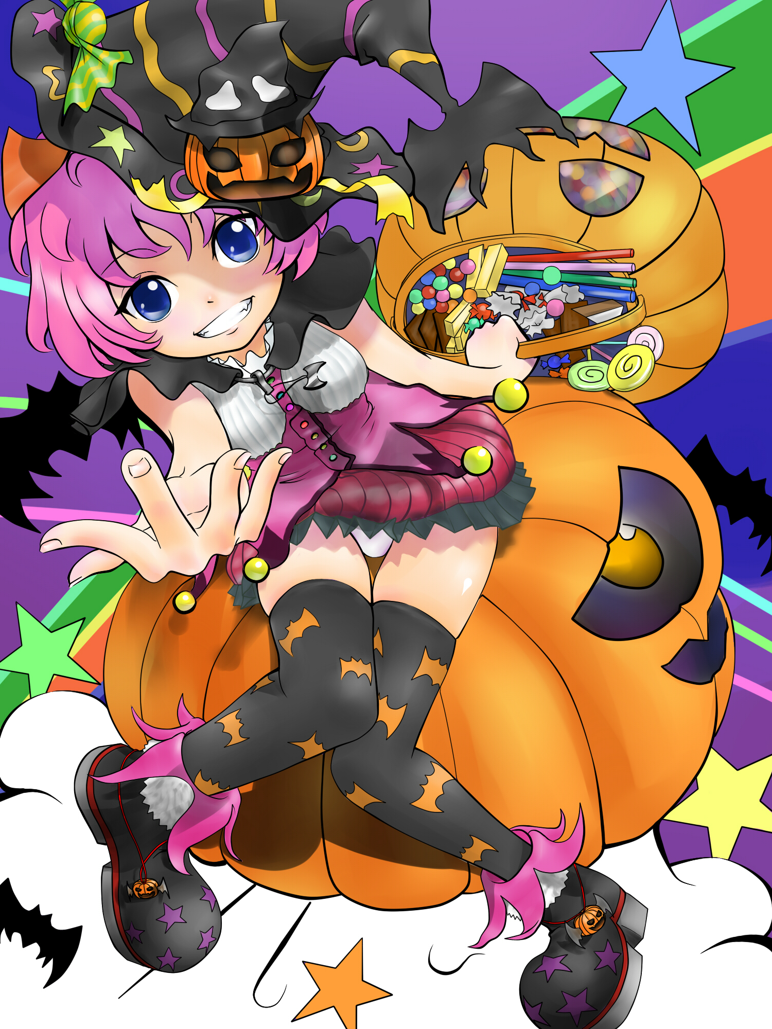 rakugaki iruka, original, bad id, bad pixiv id, highres, 1girl, animal print, ankle boots, bat print, black thighhighs, blue eyes, boots, candy, female focus, food, grin, halloween, hat, jack-o'-lantern, panties, pantyshot, patterned legwear, pink hair, print thighhighs, pumpkin, short hair, smile, solo, thighhighs, underwear, witch hat, zettai ryouiki
