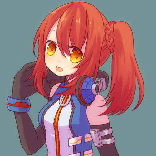emil chronicle online, lowres, 1girl, android, bare shoulders, black gloves, blue jacket, braid, elbow gloves, gloves, green background, headphones, headphones around neck, jacket, killer machine alma, looking at viewer, open mouth, red eyes, red hair, shirt, side ponytail, sleeveless, sleeveless jacket, solo, tarou 4, white shirt