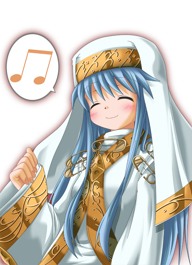 jouban minato, index (toaru majutsu no index), toaru majutsu no index, 00s, blue hair, blush, closed eyes, long hair, robe, safety pin, smile, solo