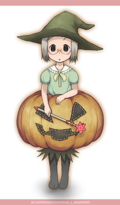 kuro (pixiv122395), xxkuroxx, sakuragi matsuri, ichigo mashimaro, silver hair, bad id, bad pixiv id, 1girl, child, female focus, glasses, halloween, hat, jack-o'-lantern, pumpkin, pumpkin costume, solo, witch hat
