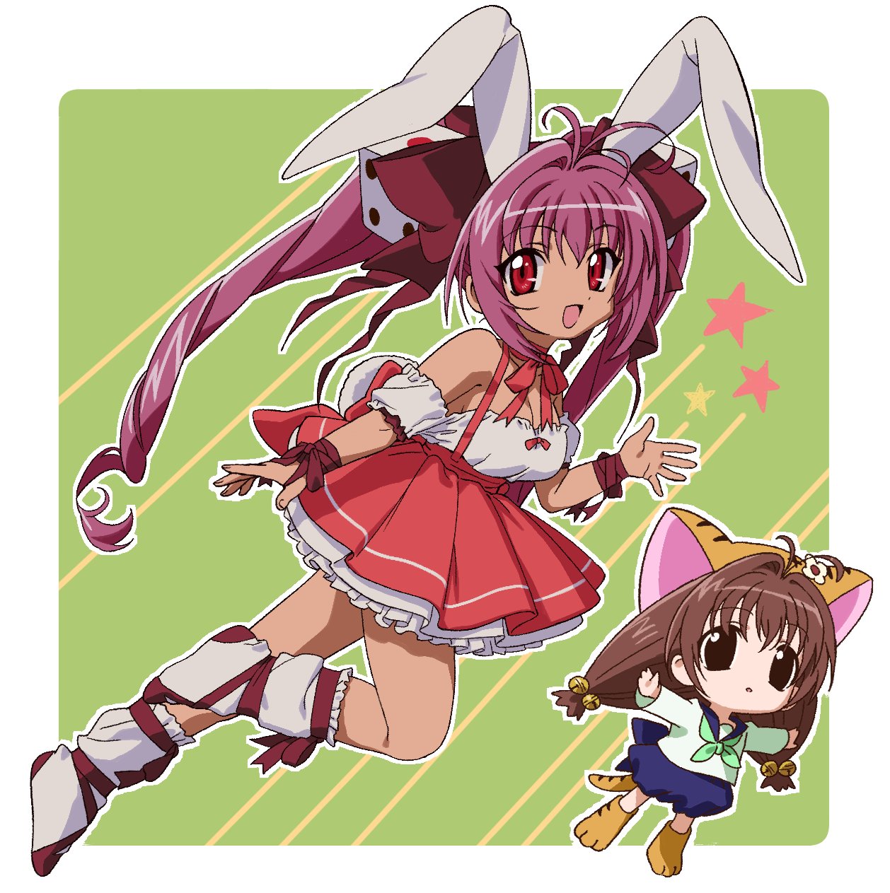 puchiko, usada hikaru, di gi charat, highres, 2girls, :d, animal ears, animal hat, antenna hair, asdf 4532, bell, black eyes, blue sailor collar, blue shorts, bow, brown hair, cat girl, cat hat, cat tail, choker, dark-skinned female, dark skin, dice hair ornament, flower, frilled skirt, frills, full body, green neckerchief, hair bell, hair bow, hair intakes, hair ornament, hat, hat flower, jingle bell, long hair, looking at viewer, low twintails, multiple girls, neckerchief, off-shoulder shirt, off shoulder, open mouth, outline, paw shoes, pink hair, pink ribbon, pink skirt, purple ribbon, rabbit ears, rabbit girl, rabbit tail, red bow, red eyes, ribbon, ribbon choker, sailor collar, shirt, shoes, short sleeves, shorts, skirt, smile, suspender skirt, suspenders, tail, twintails, very long hair, white outline, white shirt, white shoes, wrist ribbon, yellow hat, yellow shoes