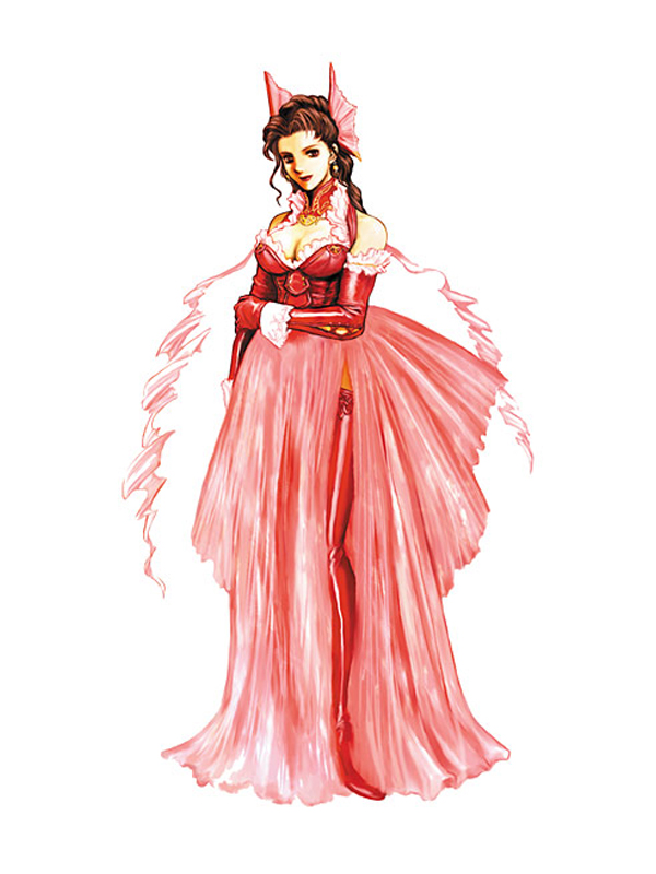 fujihara kazuko, carmilla, castlevania: circle of the moon, castlevania (series), official art, 1girl, boots, breasts, brown hair, cleavage, dress, earrings, elbow gloves, female focus, full body, gloves, hair ornament, jewelry, large breasts, long hair, red eyes, red thighhighs, ribbon, simple background, smile, solo, standing, thighhighs, vampire