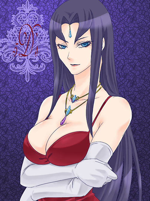 misty lola, yu-gi-oh!, yu-gi-oh! 5d's, 00s, blue eyes, blue hair, breasts, cleavage, dress, elbow gloves, gloves, jewelry, large breasts, lipstick, long hair, makeup, necklace, purple hair, smile, solo, very long hair