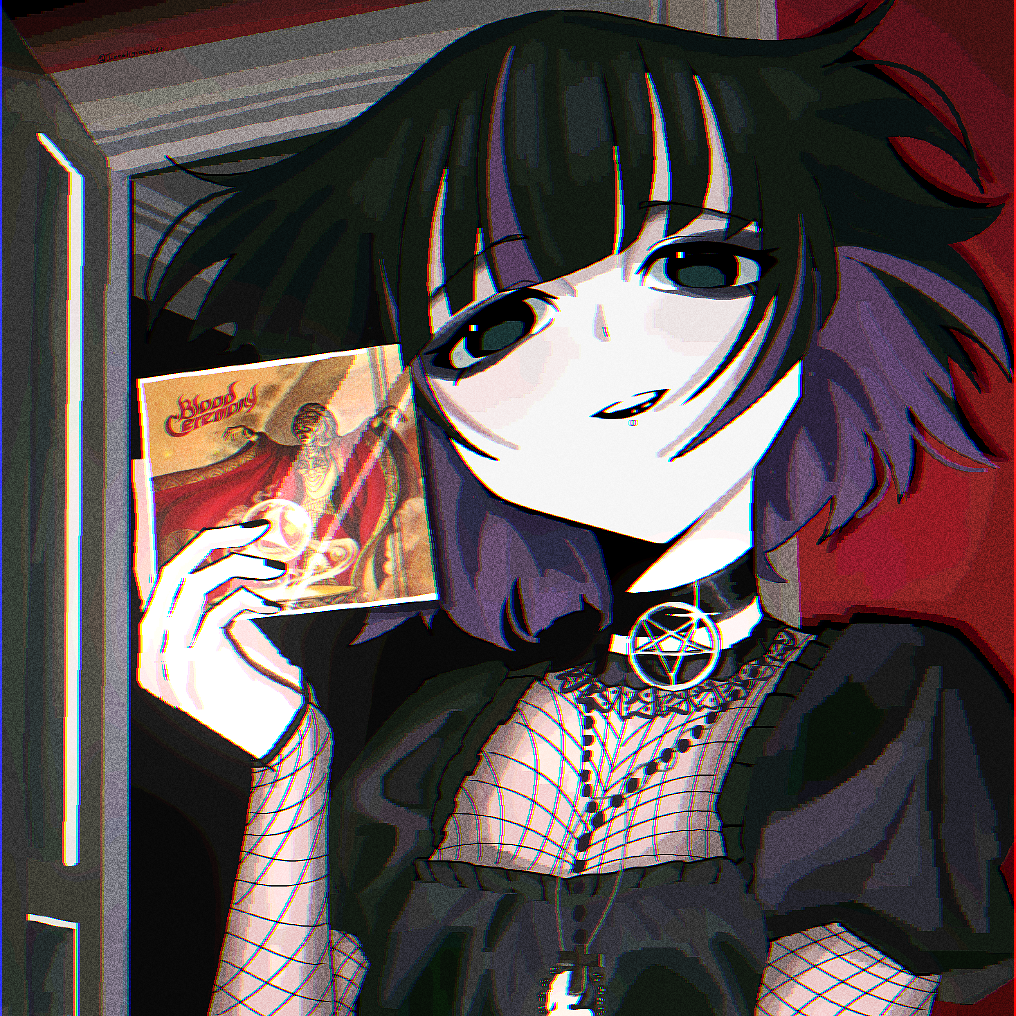 irreligiositat, pa-san, bocchi the rock!, absurdres, commentary, english commentary, highres, 1girl, album cover, black lips, blood ceremony, cd case, choker, cover, cross, cross necklace, face piercing, fishnets, goth fashion, green eyes, jewelry, labret piercing, mouth piercing, multicolored hair, necklace, pale skin, pentagram, piercing, short hair, solo, upper body