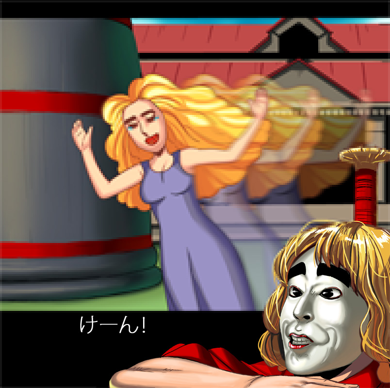 kouno (masao), bakatono-sama, eliza masters, ken masters, capcom, street fighter, bad id, bad pixiv id, translated, black eyes, blonde hair, closed eyes, dress, ending, grin, lips, lipstick, long hair, makeup, mask, motion blur, parody, pixel art, smile, tears