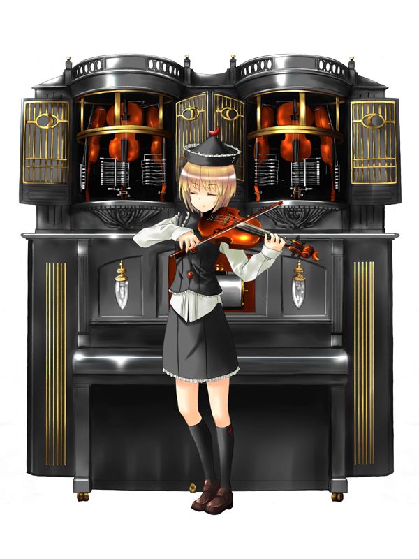 nabeshima tetsuhiro, lunasa prismriver, touhou, 1girl, blonde hair, bow (music), closed eyes, female focus, hat, instrument, short hair, skirt, socks, solo, violin, white background