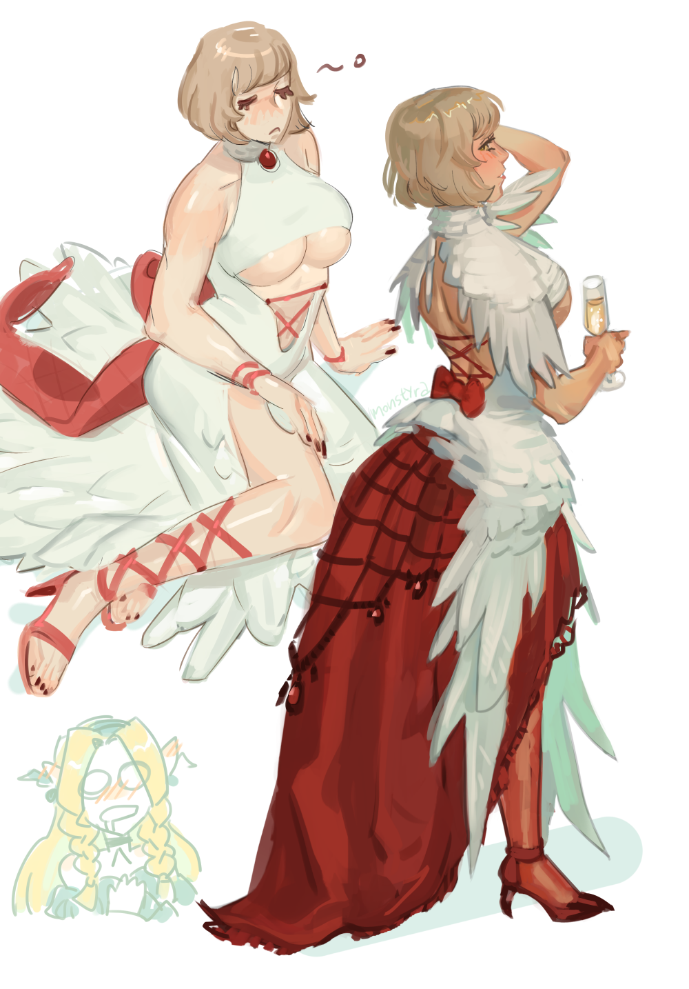 monstyra, falin touden, falin touden (tallman), marcille donato, dungeon meshi, highres, breasts, clothing cutout, cup, dress, feathers, from behind, hair around ear, high heels, holding, holding cup, implied yuri, lace, pantyhose, red pantyhose, red ribbon, red shoes, red skirt, ribbon, shoes, skirt, underboob, underboob cutout, white background, white dress, white feathers